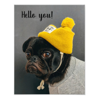 Cute pug dog met een gele beaniewand poster
