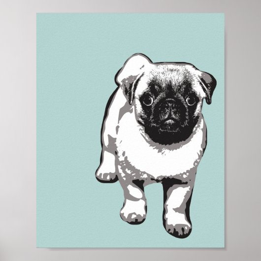 Cute Pug Dog Modern Art Poster Green Black & White (Voorkant)