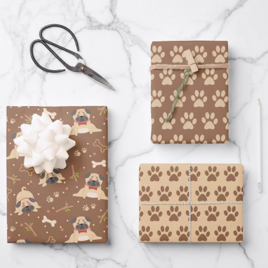 Cute Pug Dog Paws Wrapping Paper Set van 3 (Voorkant)