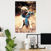 Cute Pug Dog Portret met Blue Scarf Poster (Thuiskantoor)