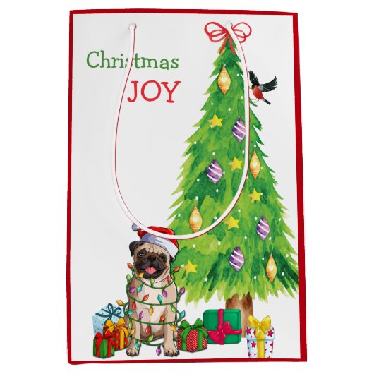 Cute Pug Dog Santa Hat en kerstboom Medium Cadeauzakje (Voorkant)
