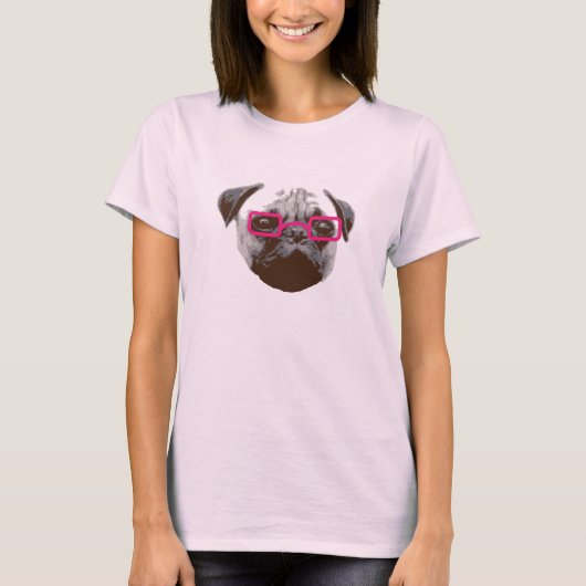 Cute Pug Hipster met roze bril T-shirt (Voorkant)