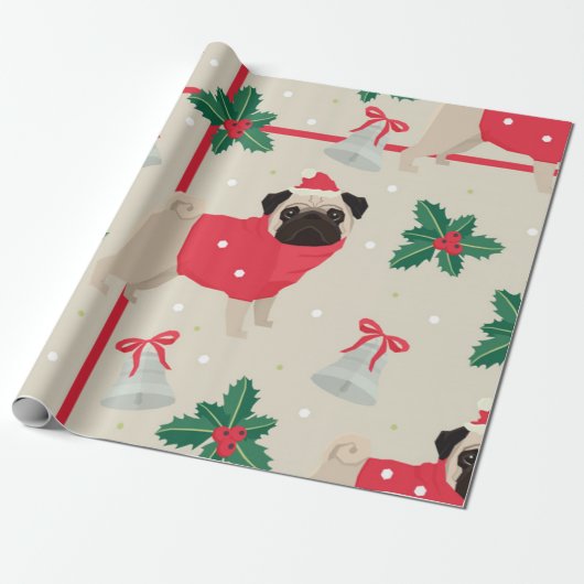 Cute Pug-kerstpatroon Cadeaupapier (Uitgerold)