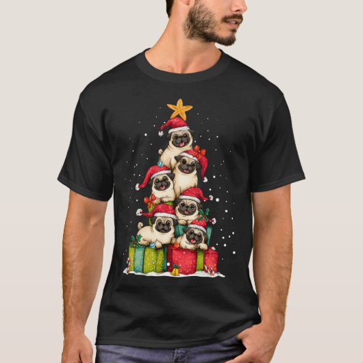 Cute Pug Le Dog Christmas Tree Xmas Hat Long Sleev T-shirt (Voorkant)
