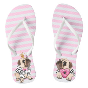 Cute Pug met Crown en Roze Heart Donut Teenslippers