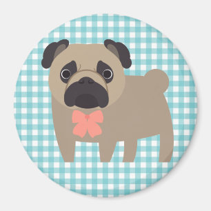 Cute Pug op blauw en wit Gingham-ontwerp Magneet