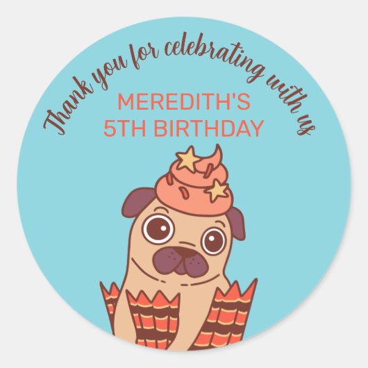 Cute Pug Puppy Dog Cartoon Kinderen Birthday Party Ronde Sticker (Voorkant)