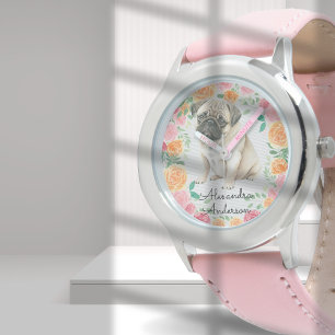 Cute Pug puppy met waterverf bloemen, aangepaste n Horloge