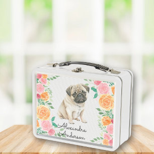 Cute Pug puppy met waterverf bloemen monogram