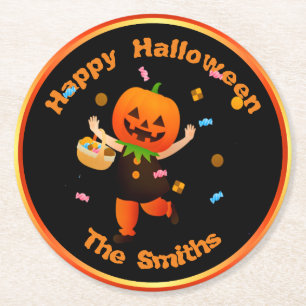 Cute Pumpkin Head Trick of Treer Halloween Ronde Kartonnen Onderzetter