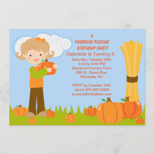 Cute Pumpkin Picking Birthday Party Invitation Kaart
