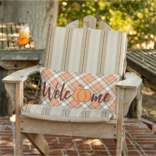 Cute Pumpkin Welcome Herfst Oranje Green Gingham Buitenkussen