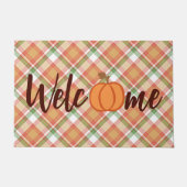 Cute Pumpkin Welcome Herfst Oranje Green Gingham Deurmat (Voorkant)