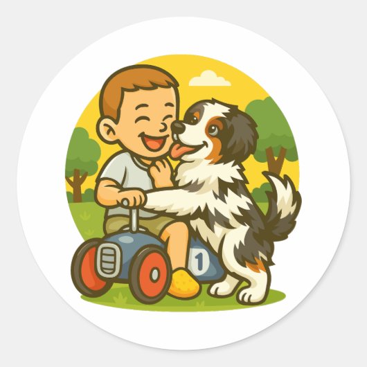 Cute Puppy and Kid Playtime Ronde Sticker (Voorkant)