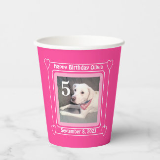 Cute Puppy Dog Foto Birthday Nummer 5 Roze Papieren Bekers