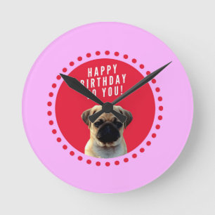 Cute Puppy Dog Happy Birthday Red Stippen Roze Ronde Klok