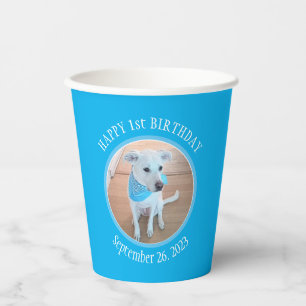 Cute Puppy Dog in Blue Scarf Happy 1st Birthday Papieren Bekers