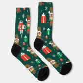 Cute Puppy Dog Pattern Green and Red Kerstmis Sokken (Rechts)