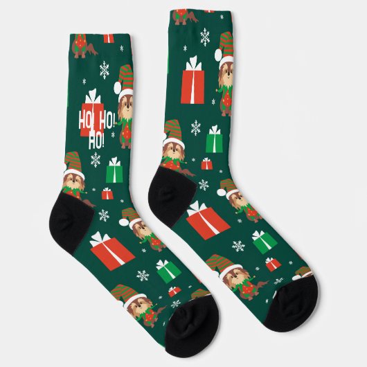Cute Puppy Dog Pattern Green and Red Kerstmis Sokken (Rechts)