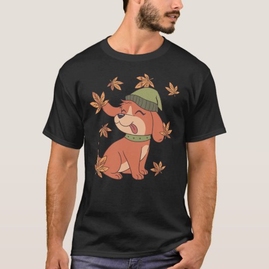 Cute Puppy Dog Playing With Leaves Fall Season Gra T-shirt (Voorkant)