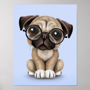 Cute Puppy Dog Wearing Reading Glasses, Blue Poster