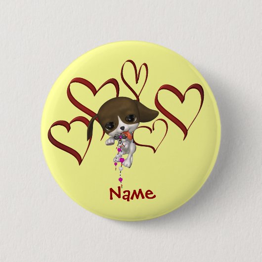 Cute Puppy Hearts Kinder Name Button (Voorkant)