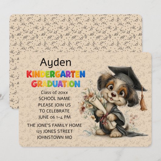 Cute Puppy Kindergarten Graduation Invitation (Devant / Derrière)