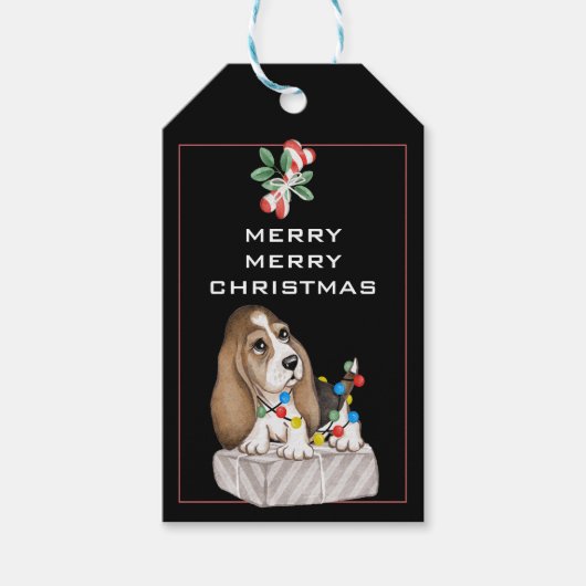Cute Puppy met kerstlampjes Cadeaulabel (Voorkant)