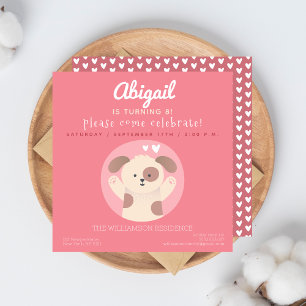 Cute Puppy Pink Girls Birthday Party Invitation Kaart