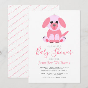 Cute Puppy Pink Personalized Baby Girl Shower Kaart