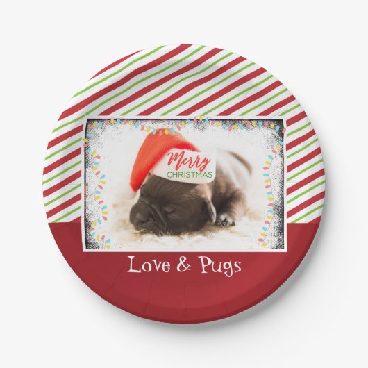 Cute Puppy Pug in een Rode Kerstmis Papieren Bordje (Voorkant)