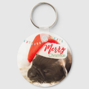 Cute Puppy Pug in een Rode Kerstmis Sleutelhanger