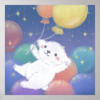 Cute Puppy with Balloons & Stars Poster