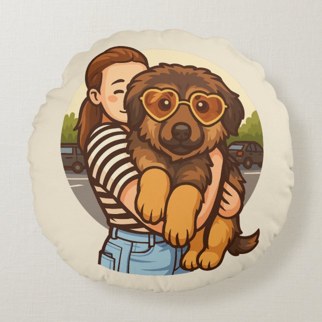 Cute Puppy with Heart Sunglasses  Rond Kussen (Voorkant)