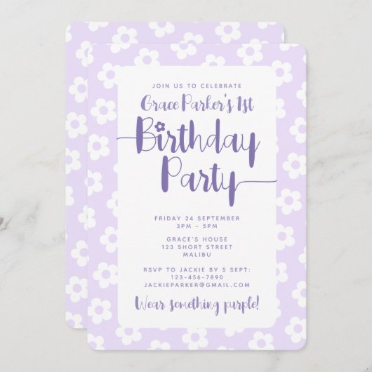 Cute Purple Daisy Pattern 1st Birthday Party Kaart (Voorkant / Achterkant)