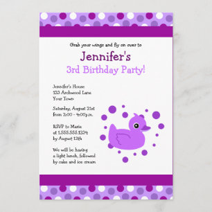 Cute Purple Ducky avec Pois Invitation d'anniversa