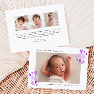 Cute Purple Hearts Photo Faire-part de naissance