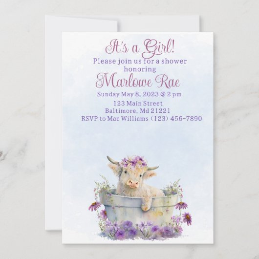 Cute Purple Highland vache baby shower invitation (Devant)