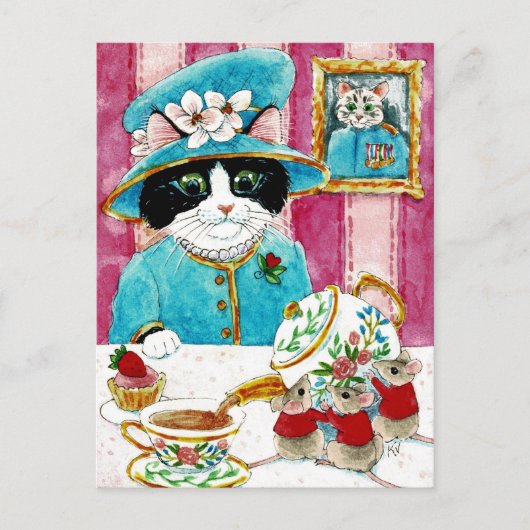 Cute Queen Elizabeth Cat Mouse Tea briefkaart (Voorkant)
