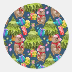 Cute Quokka Blue Kerstmis Ronde Sticker