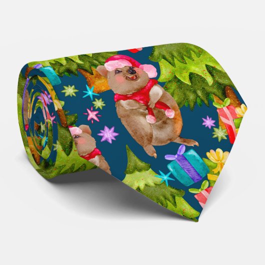 Cute Quokka Blue Kerstmis Stropdas (Opgerold)
