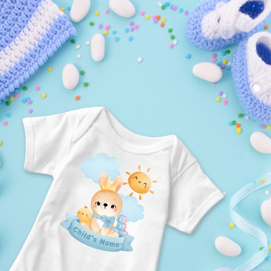 Cute Rabbit Baby, Crown, Blue Blocks, Chick Custom Romper