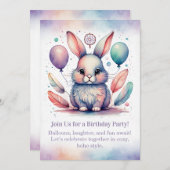 Cute Rabbit Birthday Invitation Woodland Boho (Devant / Derrière)