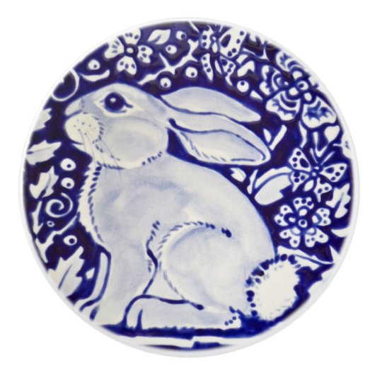 Cute Rabbit Blue White Woodland Animal Dedham Keramische Knop (Voorkant)