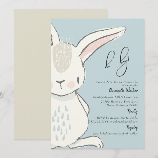 Cute Rabbit Dusty Blue Baby shower Invitation Kaart (Voorkant / Achterkant)