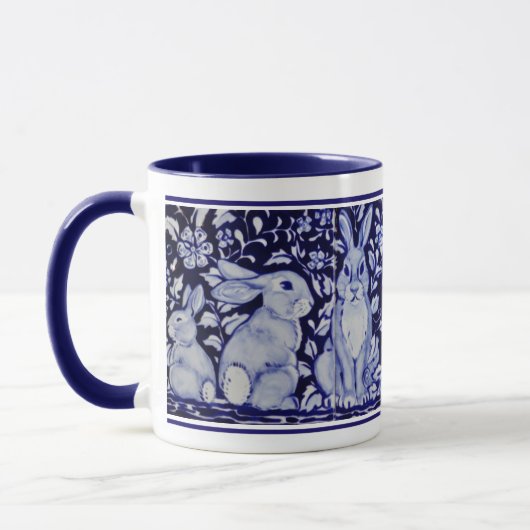 Cute Rabbit Family Blue White Delft Dedham Mok (Links)