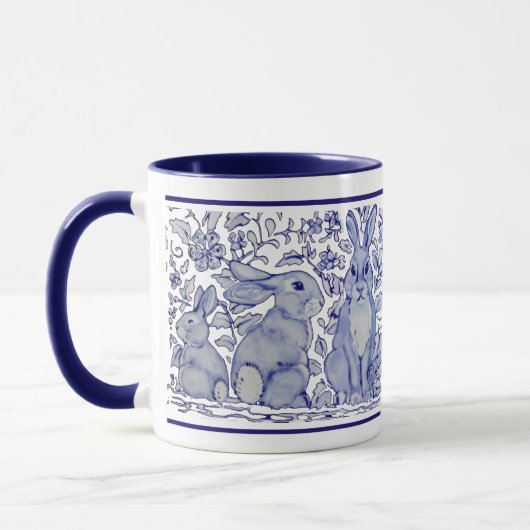 Cute Rabbit Family Blue White Delft Dedham Mok (Links)
