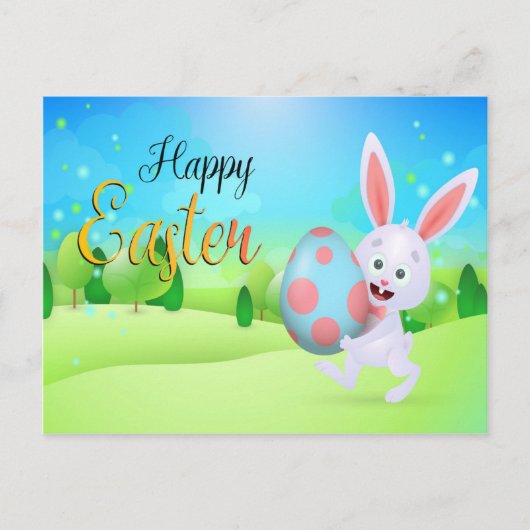 Cute Rabbit Holding Blue Pink Easter Eggs Holiday Briefkaart (Voorkant)