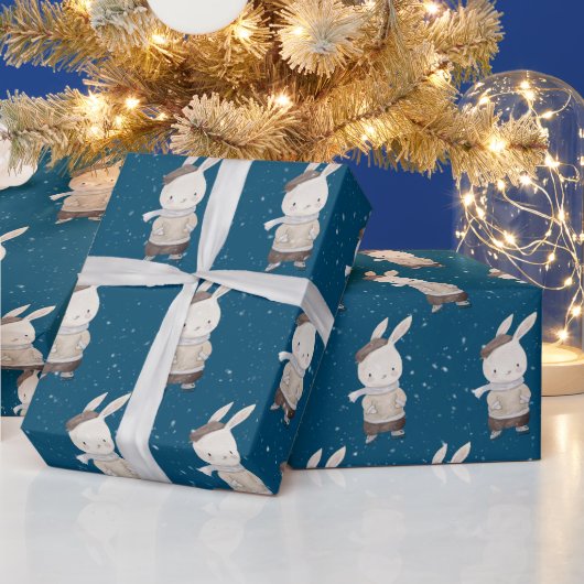 Cute Rabbit met Ice Schaatsen Cadeaupapier (Feestdagen)