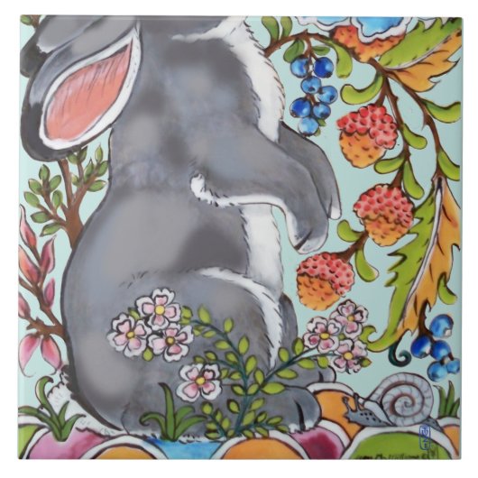 Cute Rabbit Mural Floral Aqua Bkgrd Bottom Half  Tegeltje (Voorkant)